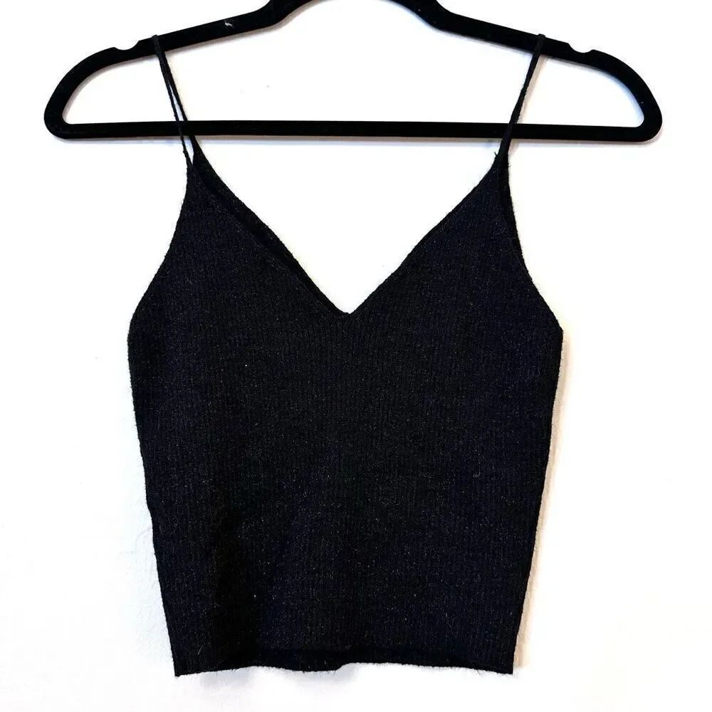 Kendall & Kylie Women's Black Spaghetti Strap Silver Shimmer Crop Top Size Small